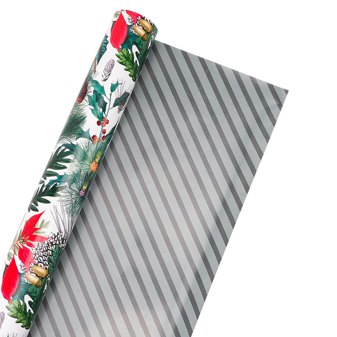 30" x 10' Reversible Holiday Wrapping Paper | Holiday Botanical/Green Tone on Tone Diagonal Stripe LaRibbons Wholesale