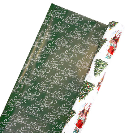 30"x10' Reversible Holiday Wrapping Paper, vintage festive deer and tree design