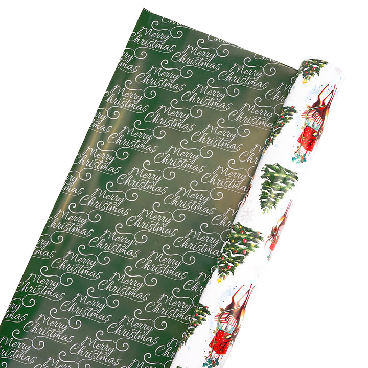 30" x 10' Reversible Holiday Wrapping Paper | Vintage Trees and Deer/Merry Christmas on Green LaRibbons Wholesale