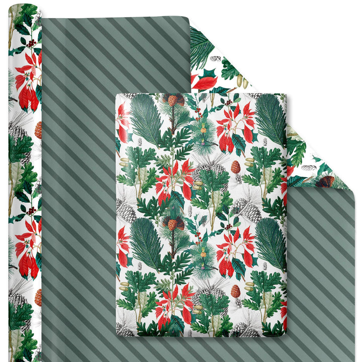 30" x 10' Reversible Holiday Wrapping Paper | Holiday Botanical/Green Tone on Tone Diagonal Stripe LaRibbons Wholesale