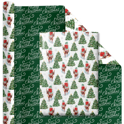 30" x 10' Reversible gift wrap: watercolor reindeer trees / green "Merry Christmas" text
