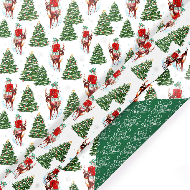 30" x 10' Reversible Holiday Wrapping Paper, vintage trees & deer / green "Merry Christmas"
