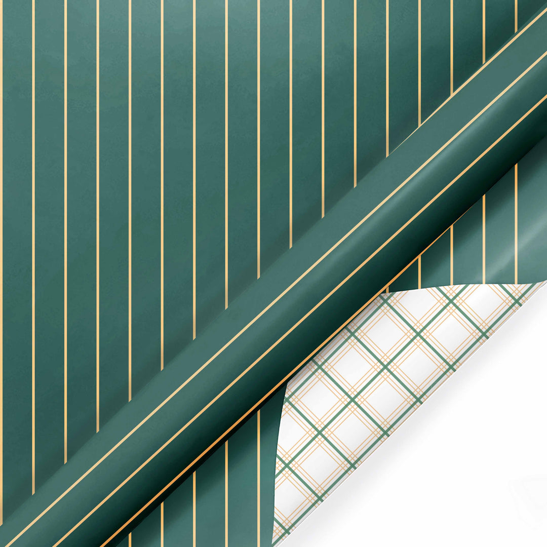 30" x 10' Reversible Holiday Wrapping Paper | Gold on Green Pinstripe/Green and Gold Bias Plaid LaRibbons Wholesale