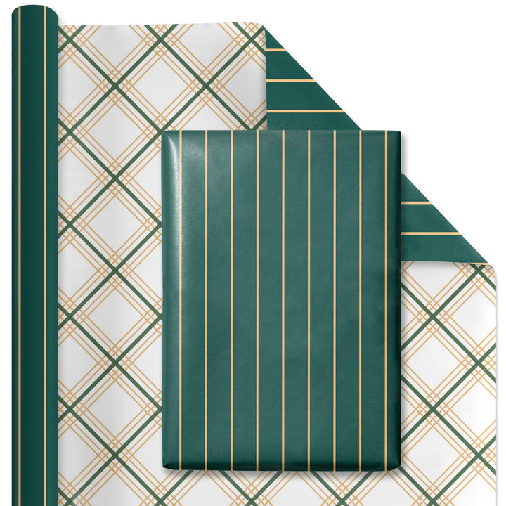 30" x 10' Reversible Holiday Wrapping Paper | Gold on Green Pinstripe/Green and Gold Bias Plaid LaRibbons Wholesale