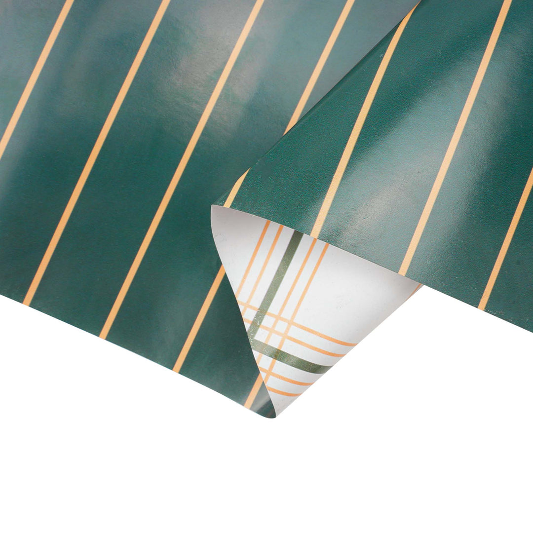 30" x 10' Reversible Holiday Wrapping Paper | Gold on Green Pinstripe/Green and Gold Bias Plaid LaRibbons Wholesale