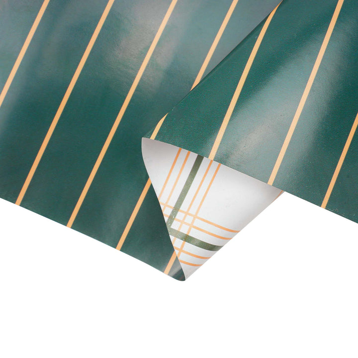 30" x 10' Reversible Holiday Wrapping Paper | Gold on Green Pinstripe/Green and Gold Bias Plaid LaRibbons Wholesale