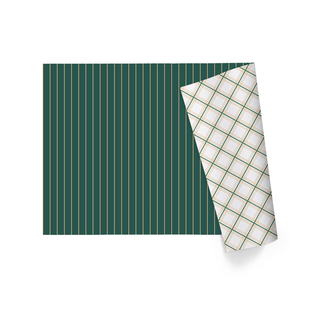 30" x 10' Reversible Holiday Wrapping Paper | Gold on Green Pinstripe/Green and Gold Bias Plaid LaRibbons Wholesale