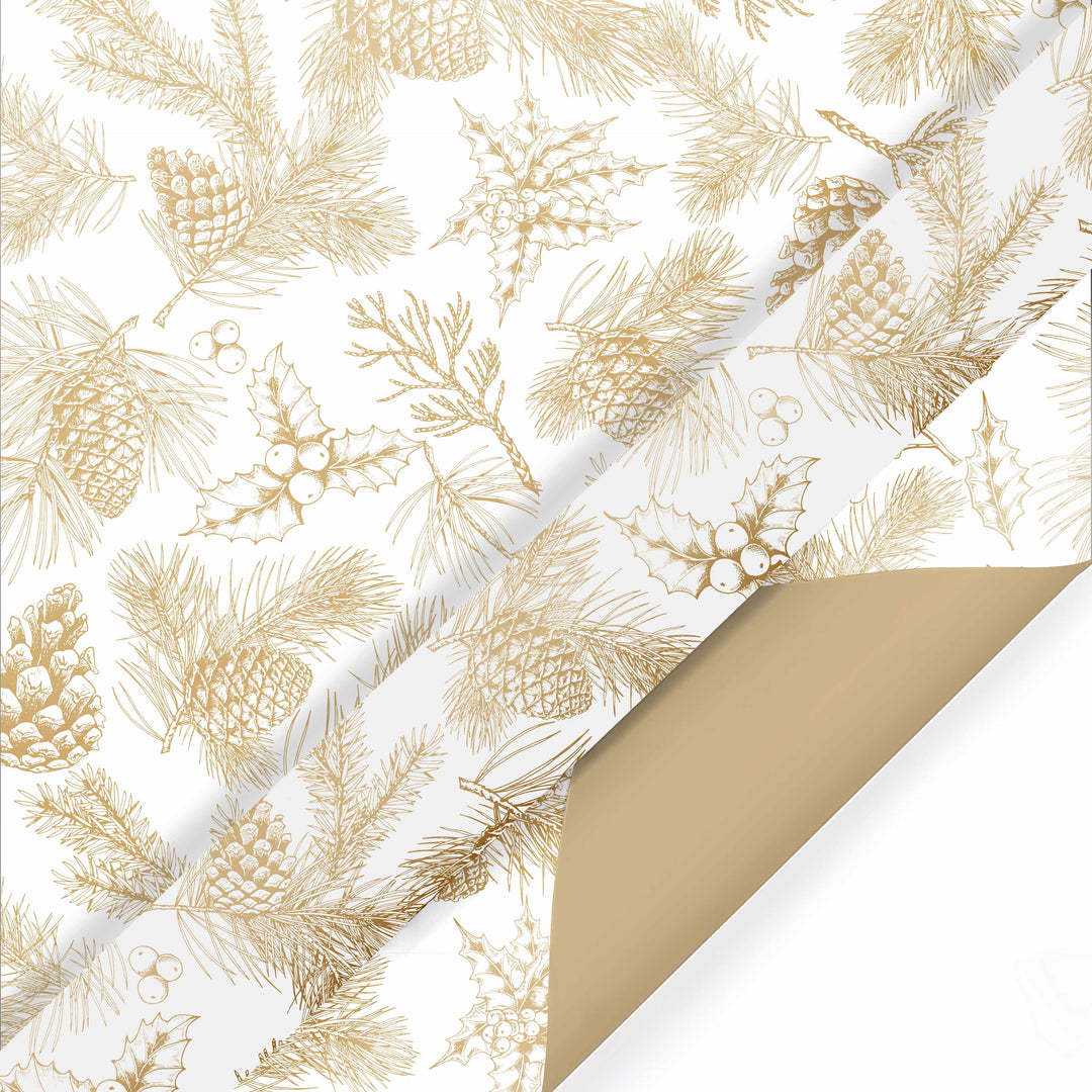 30" x 10' Reversible Holiday Wrapping Paper | Gold Pinecones on White/Flat Gold LaRibbons Wholesale