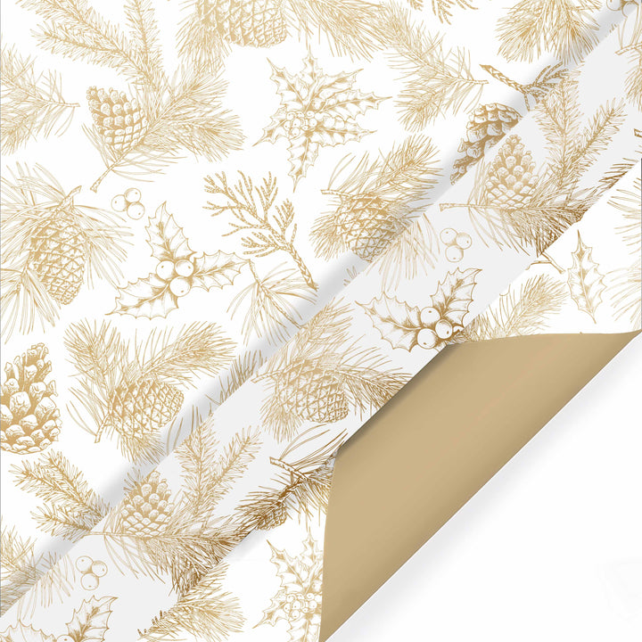 30" x 10' Reversible Holiday Wrapping Paper | Gold Pinecones on White/Flat Gold LaRibbons Wholesale