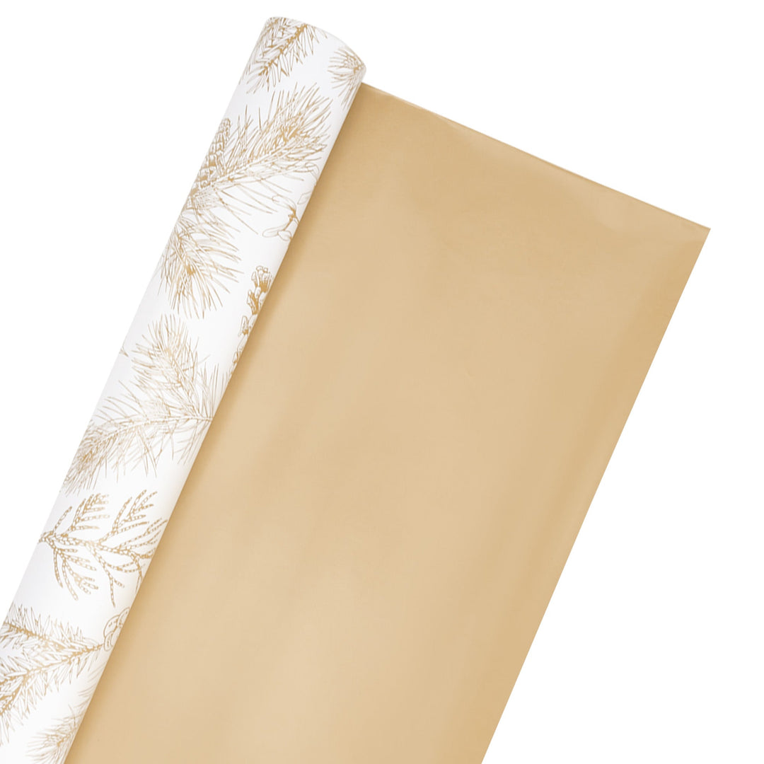 30" x 10' Reversible Holiday Wrapping Paper | Gold Pinecones on White/Flat Gold LaRibbons Wholesale