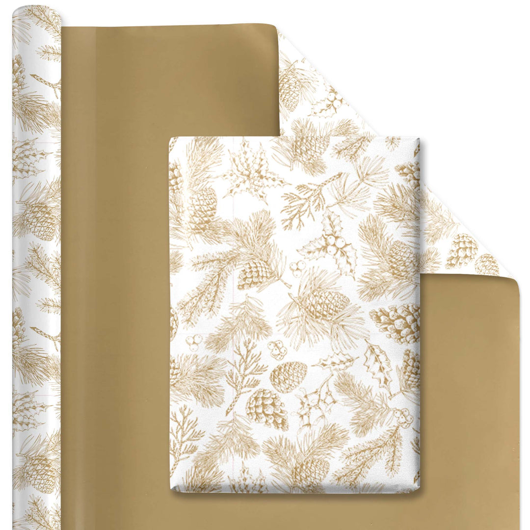 30" x 10' Reversible Holiday Wrapping Paper | Gold Pinecones on White/Flat Gold LaRibbons Wholesale