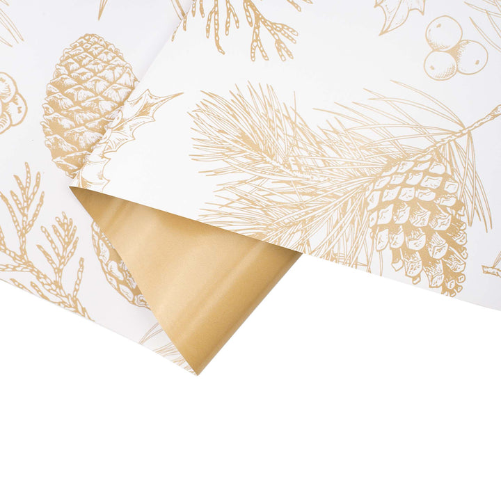 30" x 10' Reversible Holiday Wrapping Paper | Gold Pinecones on White/Flat Gold LaRibbons Wholesale