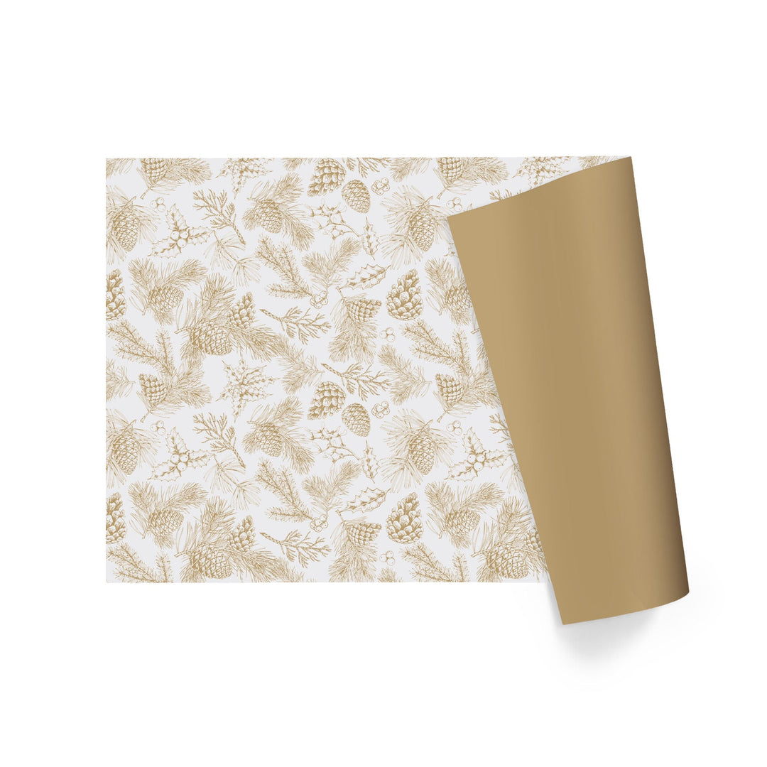 30" x 10' Reversible Holiday Wrapping Paper | Gold Pinecones on White/Flat Gold LaRibbons Wholesale