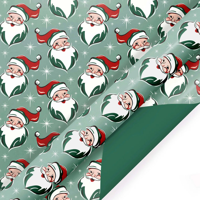 30" x 10' Reversible Holiday Wrapping Paper, Retro Santa Faces / Solid Green