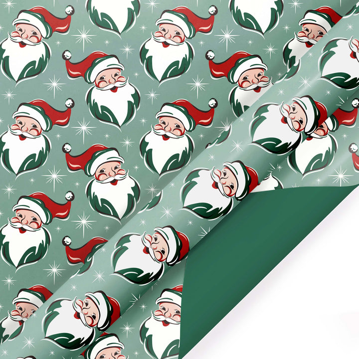 30" x 10' Reversible Holiday Wrapping Paper | Retro Santa Faces/Solid Green