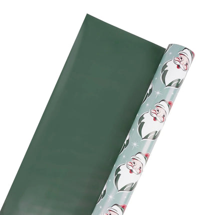 30"x10' Reversible Holiday Gift Wrap, retro Santa faces & solid green design