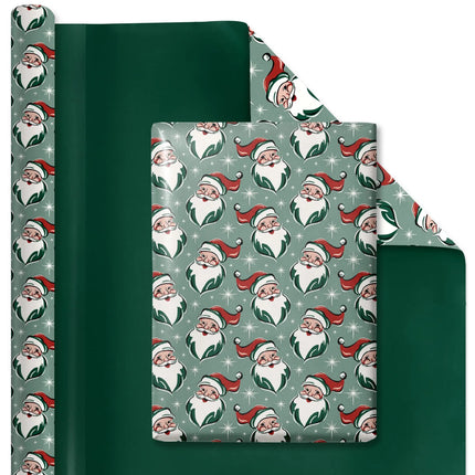 Reversible birthday wrapping paper: retro Santa portrait / solid green