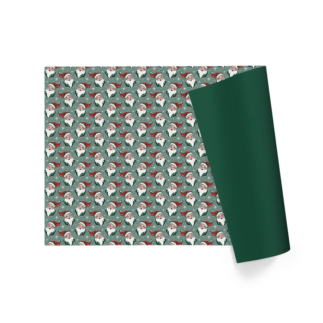 30" x 10' Reversible Holiday Wrapping Paper | Retro Santa Faces/Solid Green
