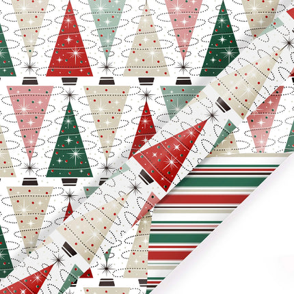 30" x 10' Reversible Holiday Wrapping Paper, retro Christmas trees / retro multicolor stripe