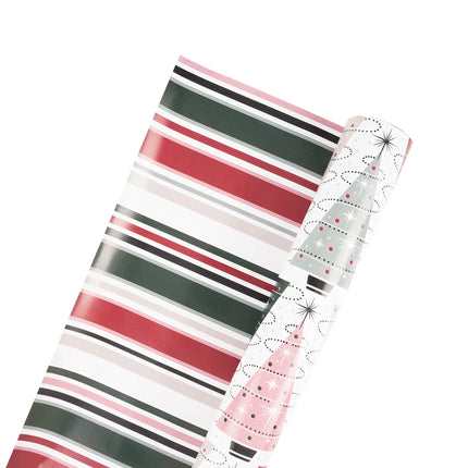 30"x10' Retro Christmas Wrapping Paper, vintage tree and multicolor stripe design