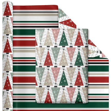 30" x 10' Reversible gift wrap: retro atomic Christmas trees / festive multicolor stripe