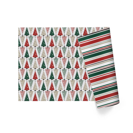 30" x 10' Double-Sided Holiday Wrapping Paper, retro tree & multicolor stripe pattern