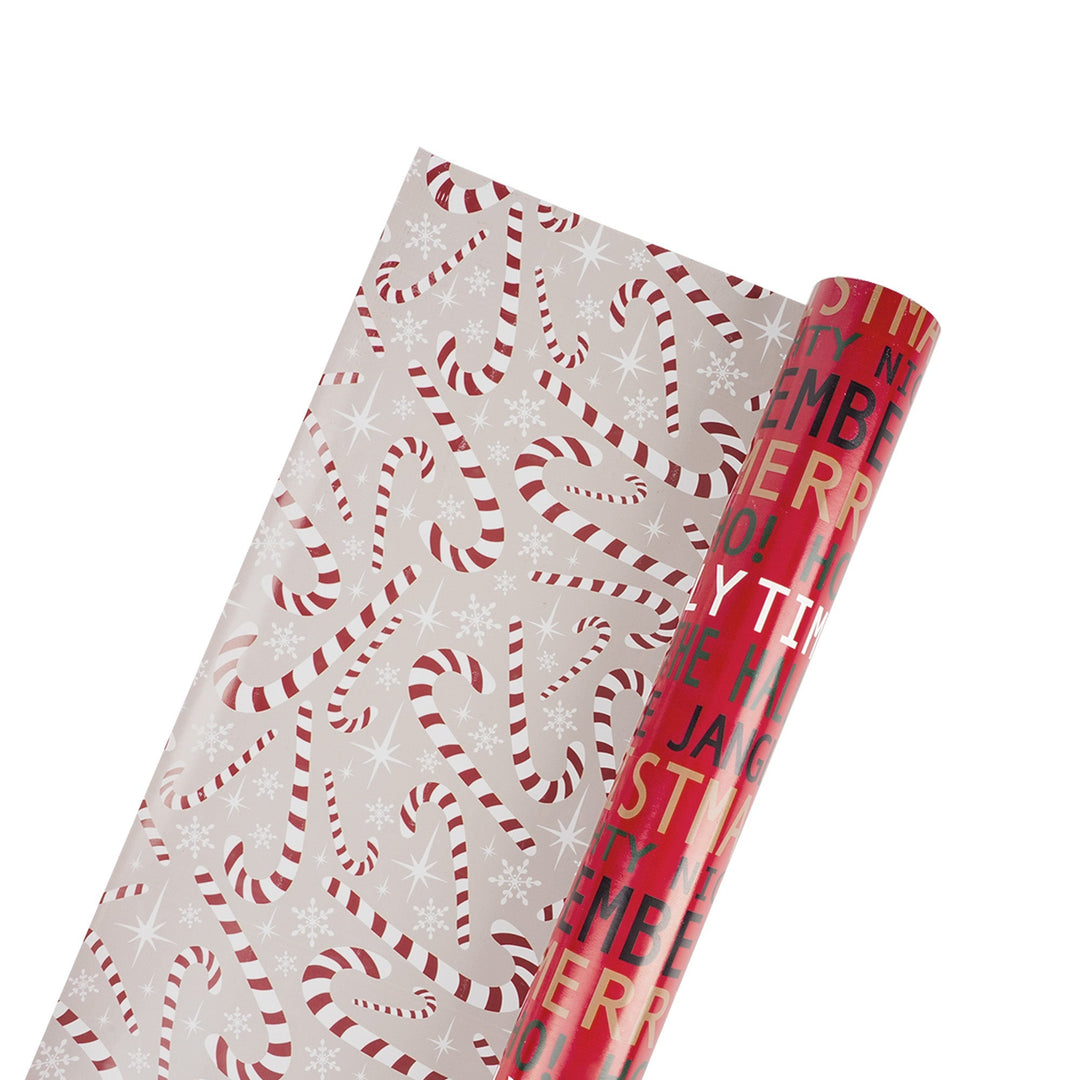 30" x 10' Reversible Holiday Wrapping Paper | Jolly Time Words/Retro Candycanes