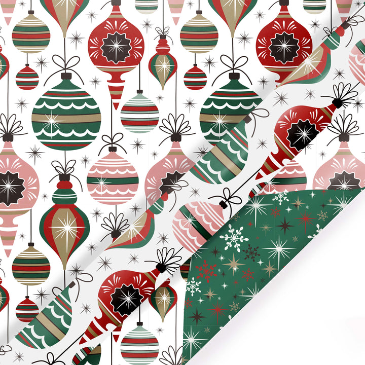30" x 10' Reversible Holiday Wrapping Paper | Retro Ornaments/Retro Snowflakes and Stars - LaRibbons and Crafts