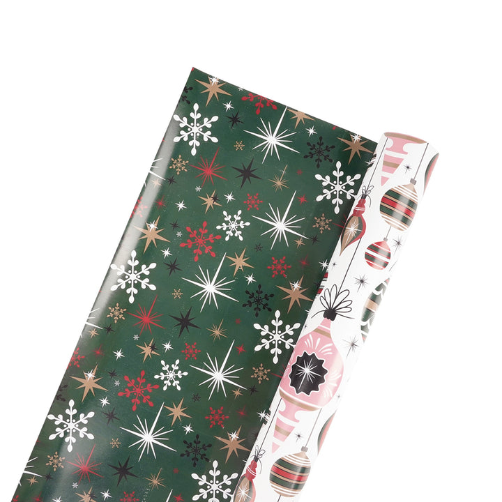 30" x 10' Reversible Holiday Wrapping Paper | Retro Ornaments/Retro Snowflakes and Stars - LaRibbons and Crafts