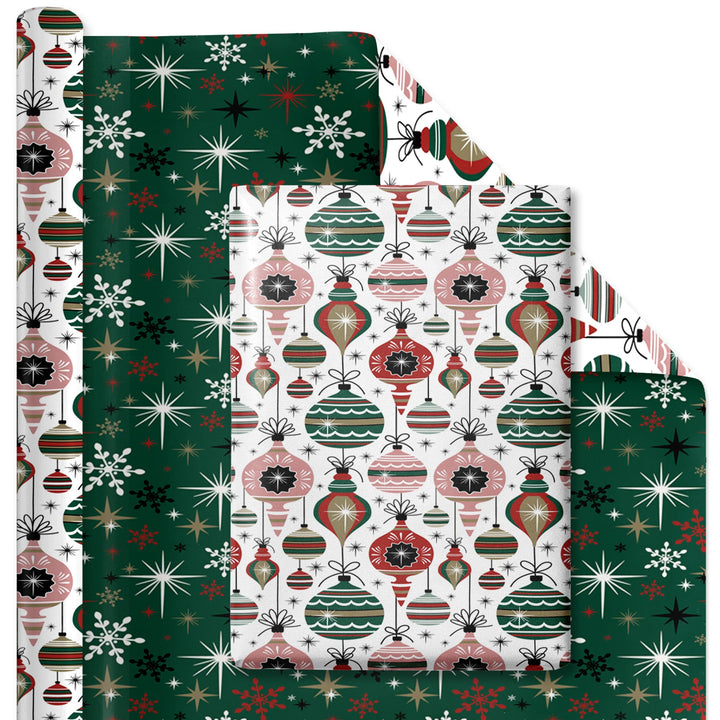 30" x 10' Reversible Holiday Wrapping Paper | Retro Ornaments/Retro Snowflakes and Stars - LaRibbons and Crafts