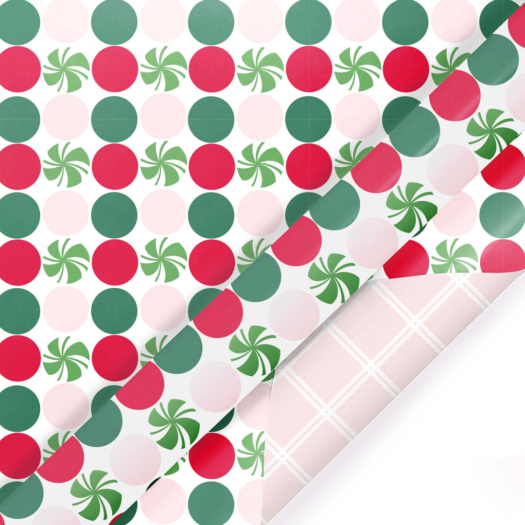 30" x 10' Reversible Holiday Wrapping Paper | Peppermint Dots/Pink and White Diagonal Plaid LaRibbons Wholesale