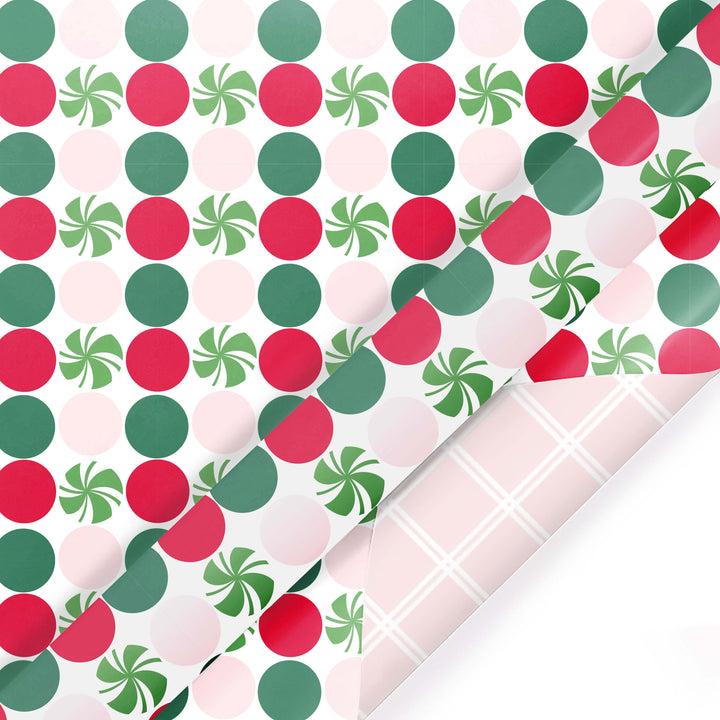 30" x 10' Reversible Holiday Wrapping Paper | Peppermint Dots/Pink and White Diagonal Plaid LaRibbons Wholesale