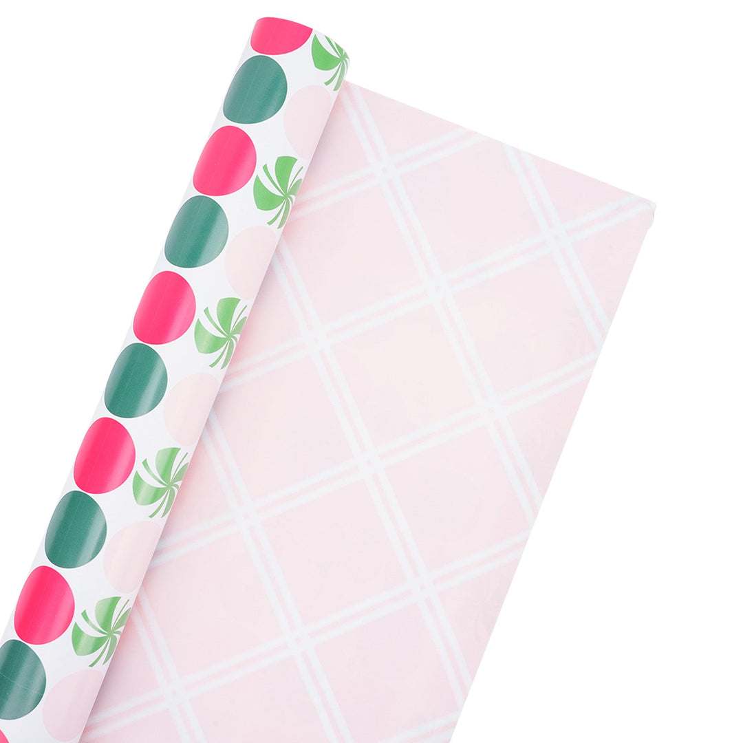 30" x 10' Reversible Holiday Wrapping Paper | Peppermint Dots/Pink and White Diagonal Plaid LaRibbons Wholesale