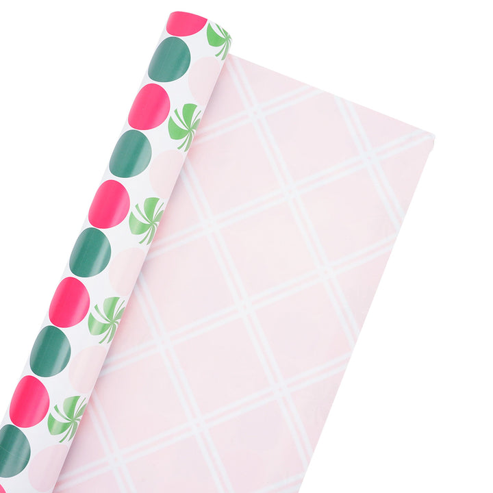 30" x 10' Reversible Holiday Wrapping Paper | Peppermint Dots/Pink and White Diagonal Plaid LaRibbons Wholesale