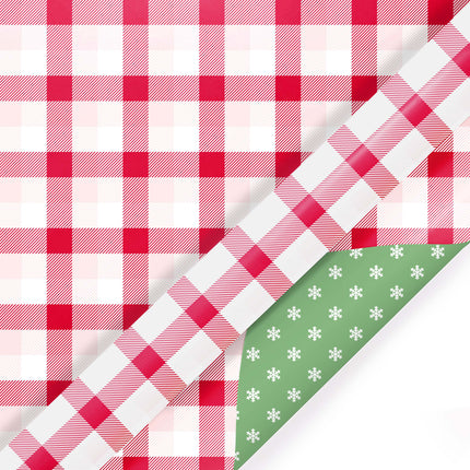 30" x 10' Reversible Holiday Wrapping Paper | Red and Pink Checkered Plaid/Mint Green with Baby Snowflake LaRibbons Wholesale