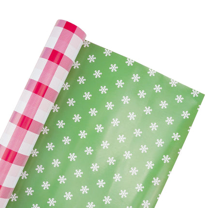 30" x 10' Reversible Holiday Wrapping Paper | Red and Pink Checkered Plaid/Mint Green with Baby Snowflake LaRibbons Wholesale