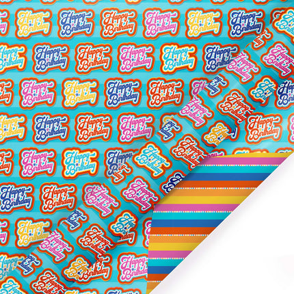 30" x 10' Reversible Holiday Wrapping Paper | Bubble Font Happy Birthday/Patterned Stripes LaRibbons Wholesale