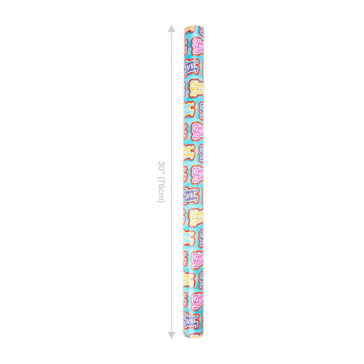 30" x 10' Reversible Holiday Wrapping Paper | Bubble Font Happy Birthday/Patterned Stripes