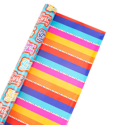 30" x 10' Reversible Holiday Wrapping Paper | Bubble Font Happy Birthday/Patterned Stripes LaRibbons Wholesale