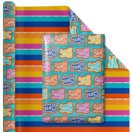 30" x 10' Reversible Holiday Wrapping Paper | Bubble Font Happy Birthday/Patterned Stripes LaRibbons Wholesale