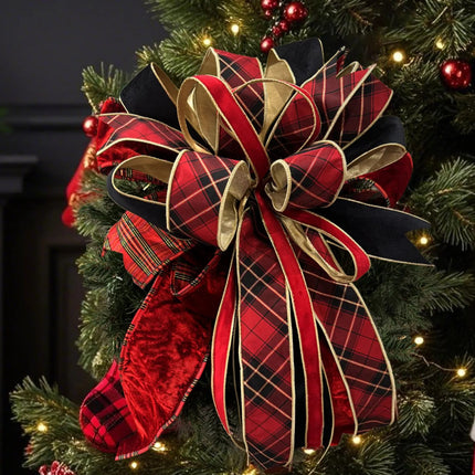 2 1/2" Wired Ribbon | Black/Gold/Red Bias-Plaid w/ Gold Dupioni-fused Backing | 10 Yard Roll LaRibbons Wholesale