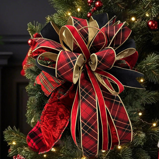 2 1/2" Wired Ribbon | Black/Gold/Red Bias-Plaid w/ Gold Dupioni-fused Backing | 10 Yard Roll LaRibbons Wholesale