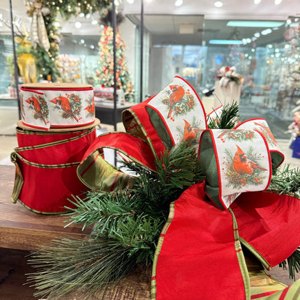 2 1/2" Wired Dupioni Ribbon | Red w/ Moss Plaid Piping and Backing | 10 Yard Roll LaRibbons and Crafts