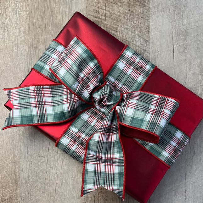 2 1/2" Wired Reversible Dupioni | Red/Green Plaid with Red Backing | 10 Yard Roll LA Ribbons Wholesale