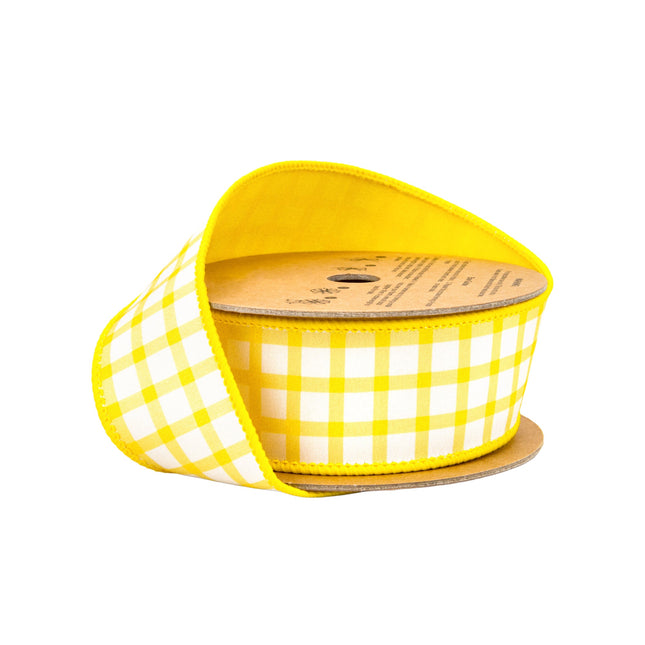 1 1/2" wired dupioni ribbon (yellow/white check, yellow backing), ideal for brightening up summer picnic gift wrapping 