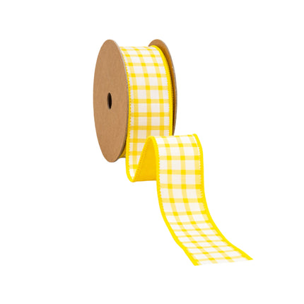 A roll of 1 1/2" wired dupioni ribbon (yellow/white check, yellow backing), fits craft projects