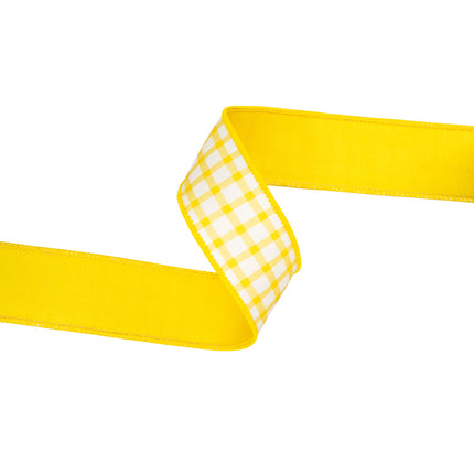 1 1/2" yellow/white check-patterned wired dupioni ribbon, great for elevating bakery box packaging 