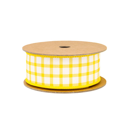 1 1/2" yellow-backed wired dupioni ribbon (yellow/white check), ideal for styling lively seasonal gift presentations