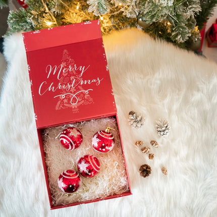 8" x 8" x 4" Collapsable Holiday Gift Box w/ 2-pcs White Tissue Paper & Magnetic Square Flap Lid | Red Snowflake LaRibbons and Crafts