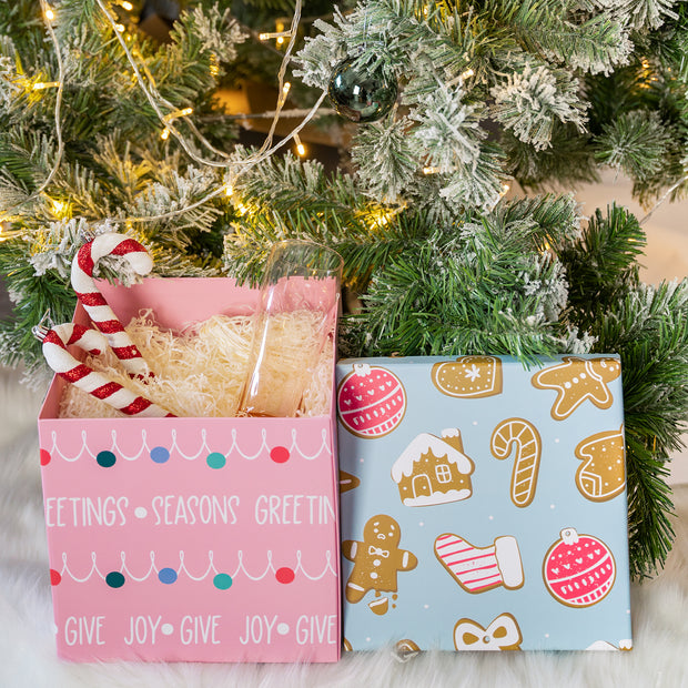 9" x 9" x 9" Collapsable Holiday Gift Box w/ 2-pcs White Tissue Paper & Removable Lid | "Christmas Ornaments" Pink/Blue